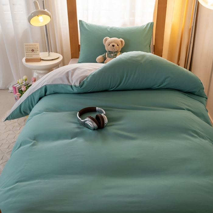 91家纺网 家纺一手货源 找家纺 芷凡家纺 2024新款水洗磨毛纯色双拼学生三件套四件套 橄榄绿+卡其