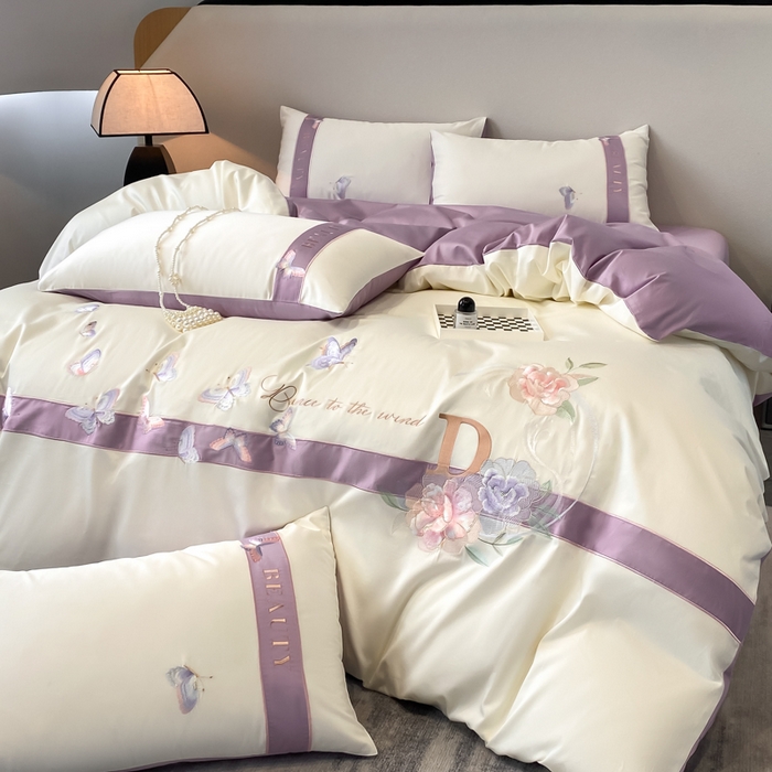 91家纺网 家纺一手货源 找家纺 桃园 2025新款纯棉全棉长绒棉刺绣绣花四件套-蝶恋花 （高端礼盒） 蝶恋花-紫色