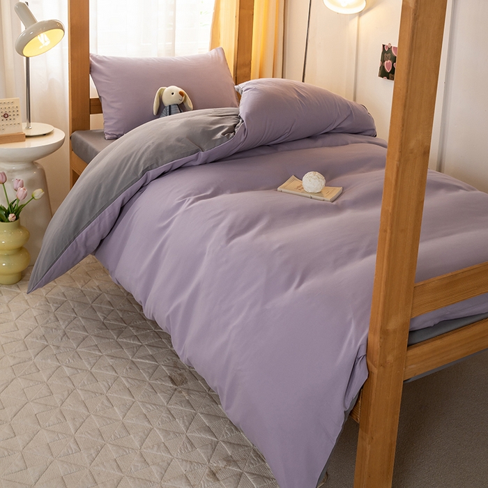 91家纺网 家纺一手货源 找家纺 芷凡家纺 2024新款水洗磨毛纯色双拼学生三件套四件套 烟紫+中灰