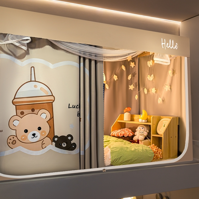 91家纺网 家纺一手货源 找家纺 飞轮海蚊帐 2025新款强遮光防蚊学生蚊帐-XZ-99（靠墙帘选配）奶茶熊