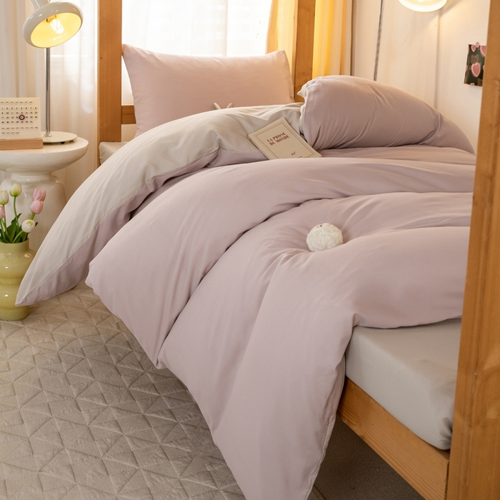 91家纺网 家纺一手货源 找家纺 芷凡家纺 2024新款水洗磨毛纯色双拼学生三件套四件套 玫瑰金+杏色