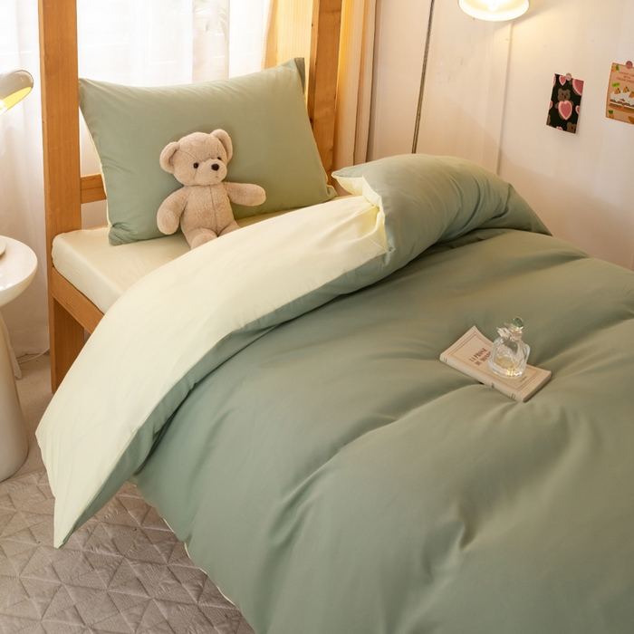 91家纺网 家纺一手货源 找家纺 芷凡家纺 2024新款水洗磨毛纯色双拼学生三件套四件套 抹茶+奶黄