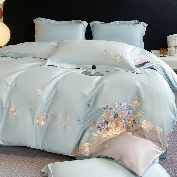 91家纺网 家纺一手货源 找家纺 桃园 2025新款纯棉全棉长绒棉刺绣绣花四件套-梦境（高端礼盒） 梦境-飘蓝