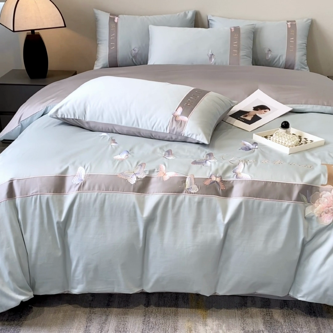 91家纺网 家纺一手货源 找家纺 桃园 2025新款纯棉全棉长绒棉刺绣绣花四件套-蝶恋花 （高端礼盒） 蝶恋花-飘蓝