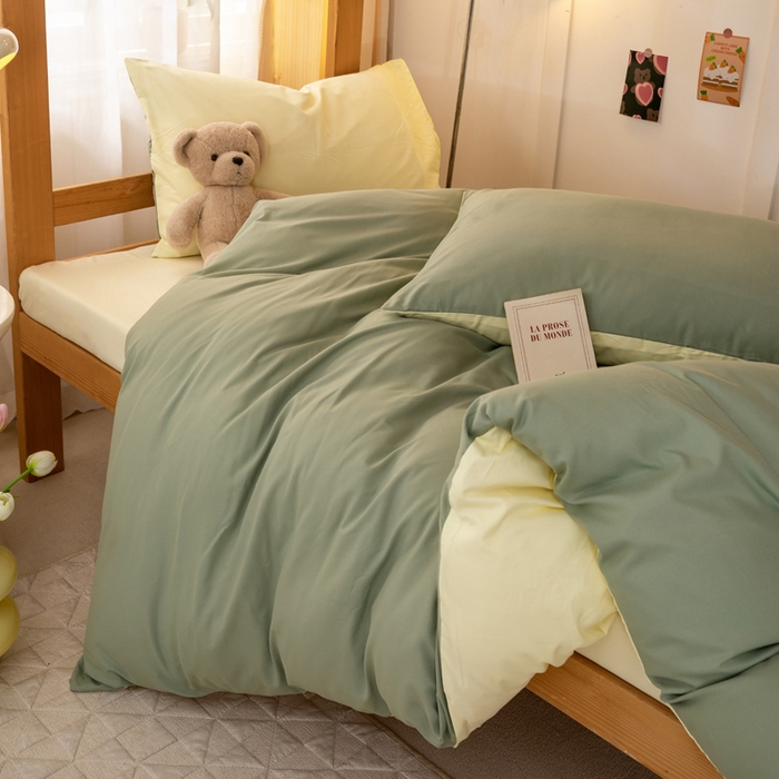 91家纺网 家纺一手货源 找家纺 芷凡家纺 2024新款水洗磨毛纯色双拼学生三件套四件套 抹茶+奶黄