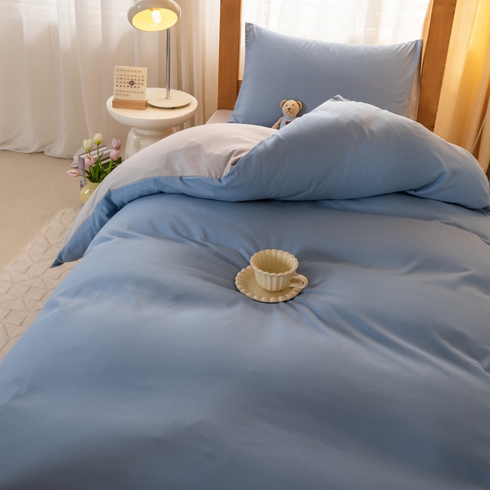 91家纺网 家纺一手货源 找家纺 芷凡家纺 2024新款水洗磨毛纯色双拼学生三件套四件套 宾利蓝+卡其