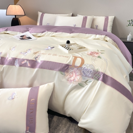 桃园 2025新款纯棉全棉长绒棉刺绣绣花四件套-蝶恋花 （高端礼盒） 蝶恋花-紫色