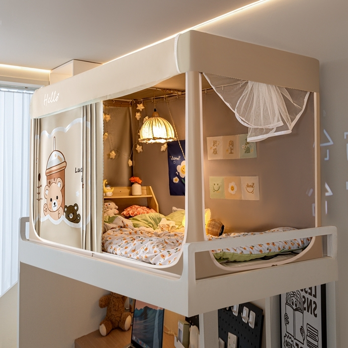 91家纺网 家纺一手货源 找家纺 飞轮海蚊帐 2025新款强遮光防蚊学生蚊帐-XZ-99（靠墙帘选配）奶茶熊