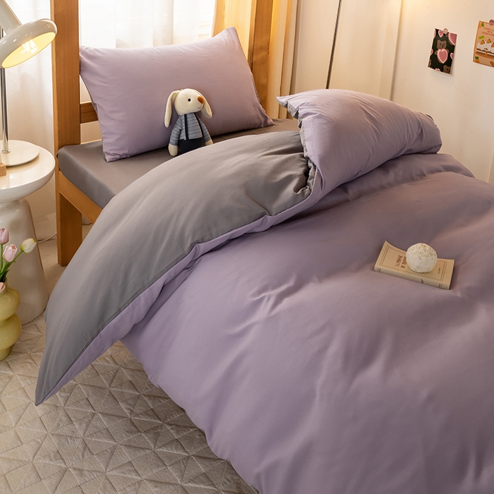 91家纺网 家纺一手货源 找家纺 芷凡家纺 2024新款水洗磨毛纯色双拼学生三件套四件套 烟紫+中灰