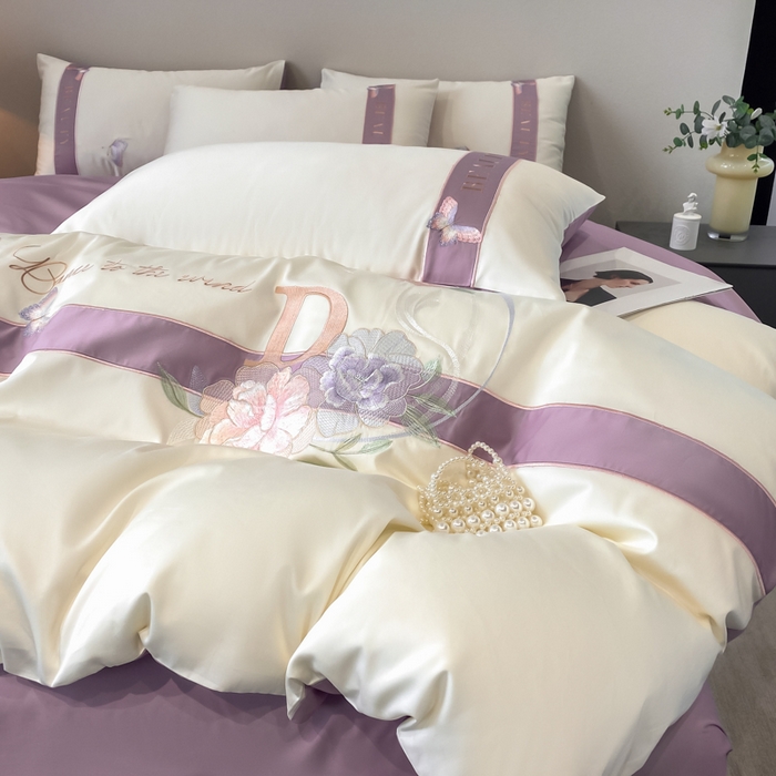 91家纺网 家纺一手货源 找家纺 桃园 2025新款纯棉全棉长绒棉刺绣绣花四件套-蝶恋花 （高端礼盒） 蝶恋花-紫色