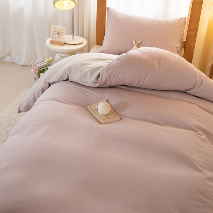 91家纺网 家纺一手货源 找家纺 芷凡家纺 2024新款水洗磨毛纯色双拼学生三件套四件套 玫瑰金+杏色