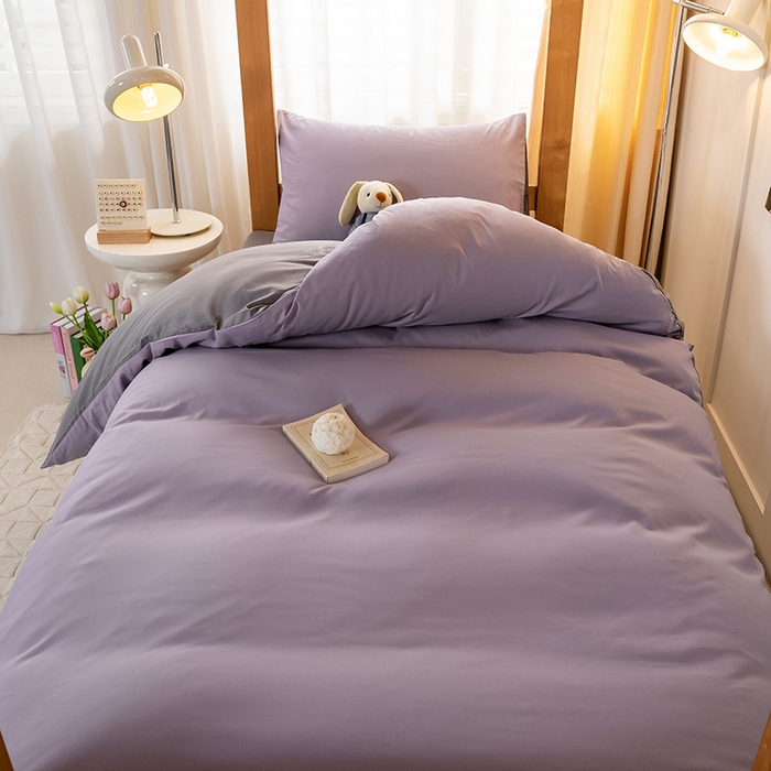 91家纺网 家纺一手货源 找家纺 芷凡家纺 2024新款水洗磨毛纯色双拼学生三件套四件套 烟紫+中灰