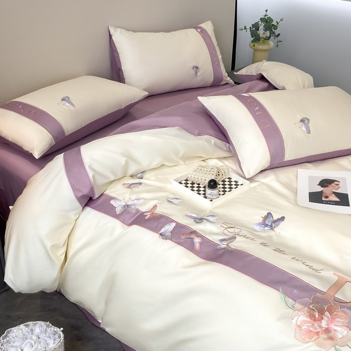 91家纺网 家纺一手货源 找家纺 桃园 2025新款纯棉全棉长绒棉刺绣绣花四件套-蝶恋花 （高端礼盒） 蝶恋花-紫色