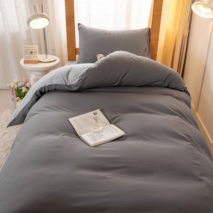 91家纺网 家纺一手货源 找家纺 芷凡家纺 2024新款水洗磨毛纯色双拼学生三件套四件套 中灰+银灰