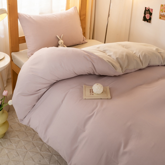 91家纺网 家纺一手货源 找家纺 芷凡家纺 2024新款水洗磨毛纯色双拼学生三件套四件套 玫瑰金+杏色