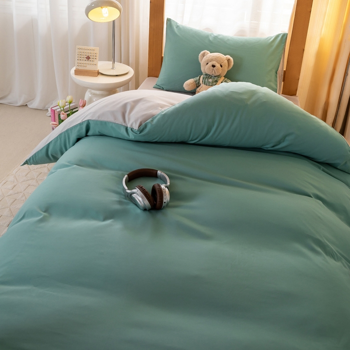 91家纺网 家纺一手货源 找家纺 芷凡家纺 2024新款水洗磨毛纯色双拼学生三件套四件套 橄榄绿+卡其