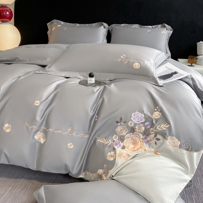 91家纺网 家纺一手货源 找家纺 桃园 2025新款纯棉全棉长绒棉刺绣绣花四件套-梦境（高端礼盒） 梦境-迷雾灰