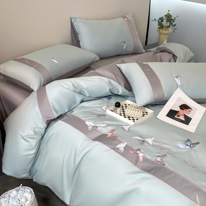 91家纺网 家纺一手货源 找家纺 桃园 2025新款纯棉全棉长绒棉刺绣绣花四件套-蝶恋花 （高端礼盒） 蝶恋花-飘蓝