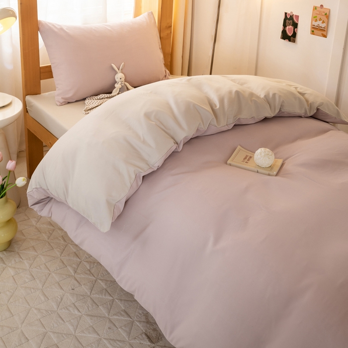 91家纺网 家纺一手货源 找家纺 芷凡家纺 2024新款水洗磨毛纯色双拼学生三件套四件套 玫瑰金+杏色