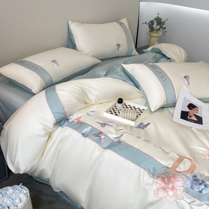 91家纺网 家纺一手货源 找家纺 桃园 2025新款纯棉全棉长绒棉刺绣绣花四件套-蝶恋花 （高端礼盒） 蝶恋花-白兰