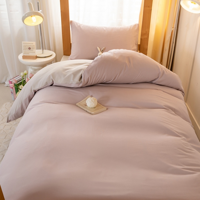 91家纺网 家纺一手货源 找家纺 芷凡家纺 2024新款水洗磨毛纯色双拼学生三件套四件套 玫瑰金+杏色