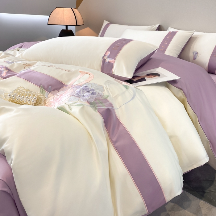 91家纺网 家纺一手货源 找家纺 桃园 2025新款纯棉全棉长绒棉刺绣绣花四件套-蝶恋花 （高端礼盒） 蝶恋花-紫色