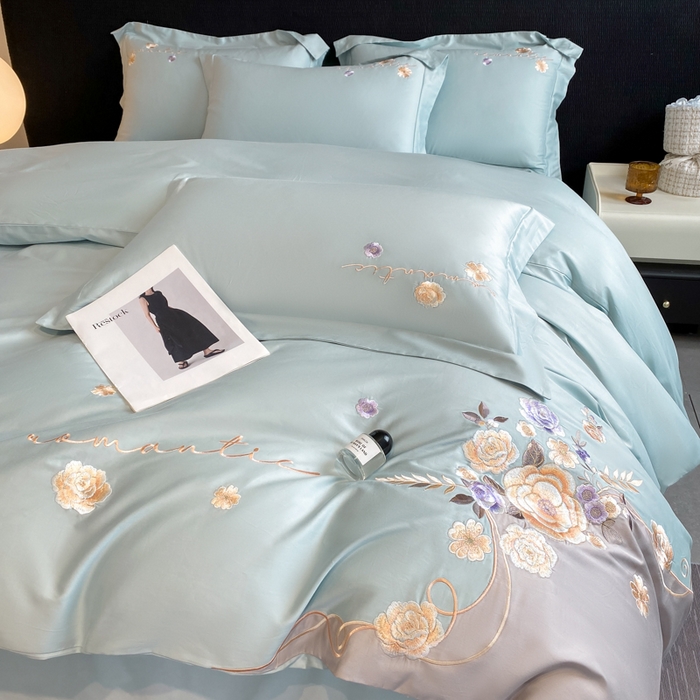91家纺网 家纺一手货源 找家纺 桃园 2025新款纯棉全棉长绒棉刺绣绣花四件套-梦境（高端礼盒） 梦境-飘蓝