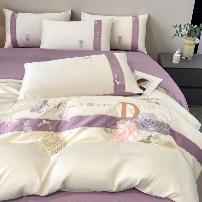 91家纺网 家纺一手货源 找家纺 桃园 2025新款纯棉全棉长绒棉刺绣绣花四件套-蝶恋花 （高端礼盒） 蝶恋花-紫色