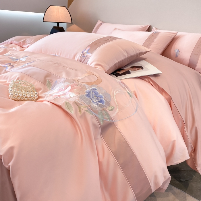 91家纺网 家纺一手货源 找家纺 桃园 2025新款纯棉全棉长绒棉刺绣绣花四件套-蝶恋花 （高端礼盒） 蝶恋花-轻奢粉