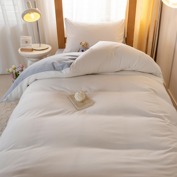 91家纺网 家纺一手货源 找家纺 芷凡家纺 2024新款水洗磨毛纯色双拼学生三件套四件套 普白+银灰