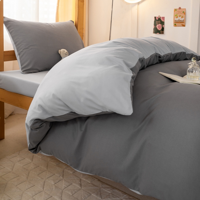 91家纺网 家纺一手货源 找家纺 芷凡家纺 2024新款水洗磨毛纯色双拼学生三件套四件套 中灰+银灰