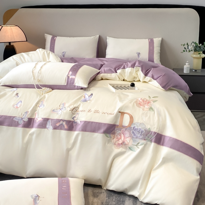 91家纺网 家纺一手货源 找家纺 桃园 2025新款纯棉全棉长绒棉刺绣绣花四件套-蝶恋花 （高端礼盒） 蝶恋花-紫色