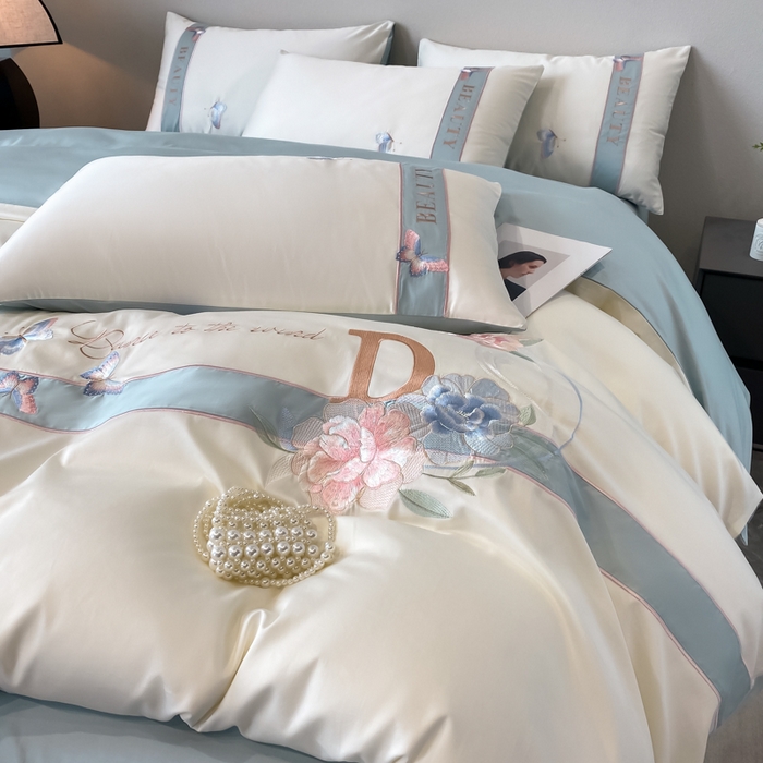 91家纺网 家纺一手货源 找家纺 桃园 2025新款纯棉全棉长绒棉刺绣绣花四件套-蝶恋花 （高端礼盒） 蝶恋花-白兰