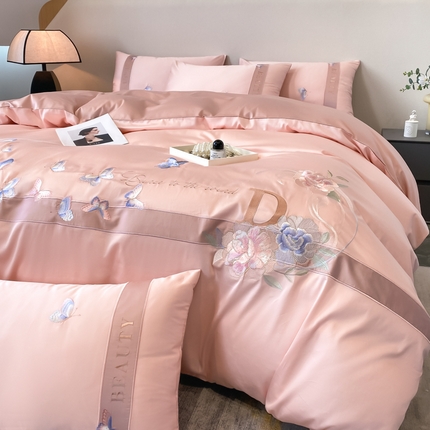 桃园 2025新款纯棉全棉长绒棉刺绣绣花四件套-蝶恋花 （高端礼盒） 蝶恋花-轻奢粉