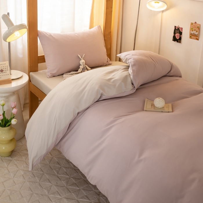 91家纺网 家纺一手货源 找家纺 芷凡家纺 2024新款水洗磨毛纯色双拼学生三件套四件套 玫瑰金+杏色