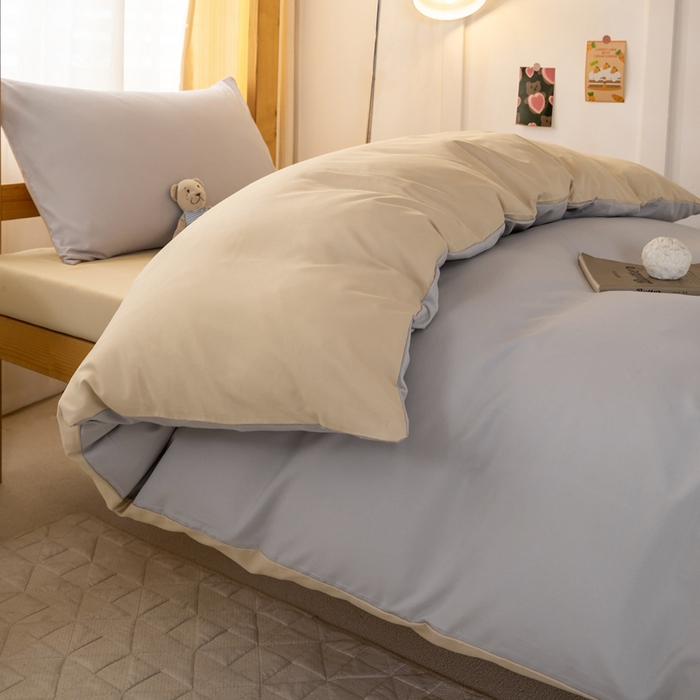 91家纺网 家纺一手货源 找家纺 芷凡家纺 2024新款水洗磨毛纯色双拼学生三件套四件套 卡其+奶茶