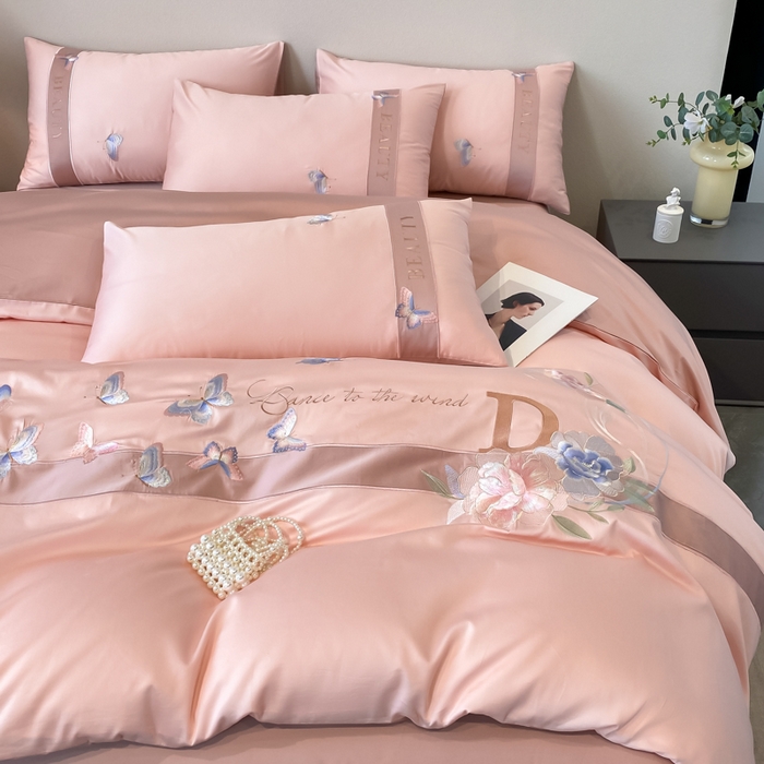 91家纺网 家纺一手货源 找家纺 桃园 2025新款纯棉全棉长绒棉刺绣绣花四件套-蝶恋花 （高端礼盒） 蝶恋花-轻奢粉