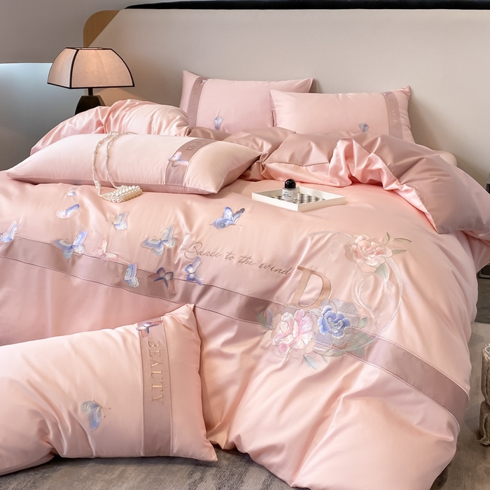 91家纺网 家纺一手货源 找家纺 桃园 2025新款纯棉全棉长绒棉刺绣绣花四件套-蝶恋花 （高端礼盒） 蝶恋花-轻奢粉