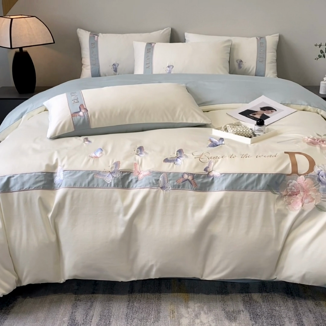 91家纺网 家纺一手货源 找家纺 桃园 2025新款纯棉全棉长绒棉刺绣绣花四件套-蝶恋花 （高端礼盒） 蝶恋花-白兰