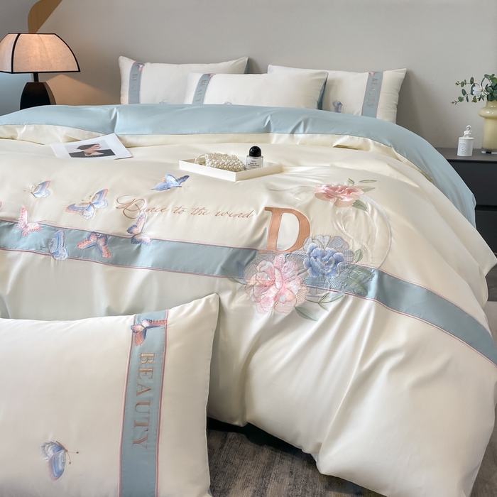 91家纺网 家纺一手货源 找家纺 桃园 2025新款纯棉全棉长绒棉刺绣绣花四件套-蝶恋花 （高端礼盒） 蝶恋花-白兰