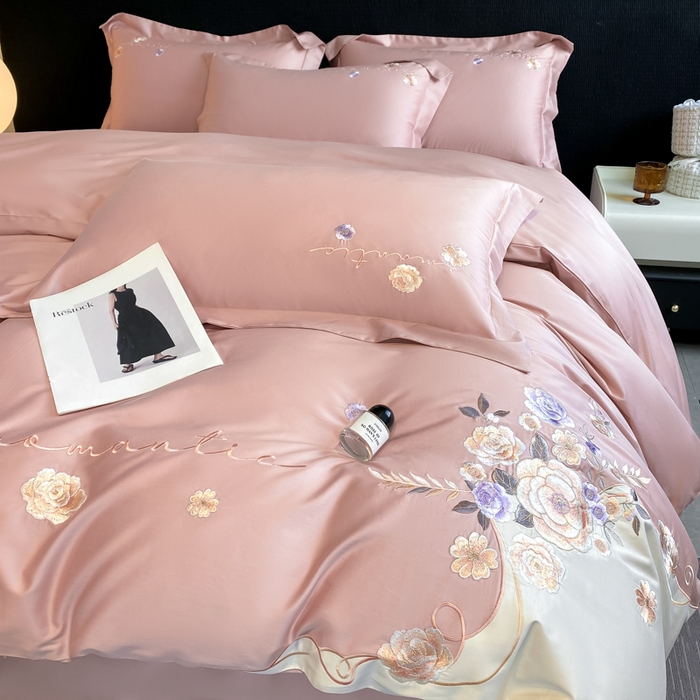 91家纺网 家纺一手货源 找家纺 桃园 2025新款纯棉全棉长绒棉刺绣绣花四件套-梦境（高端礼盒） 梦境-轻奢粉