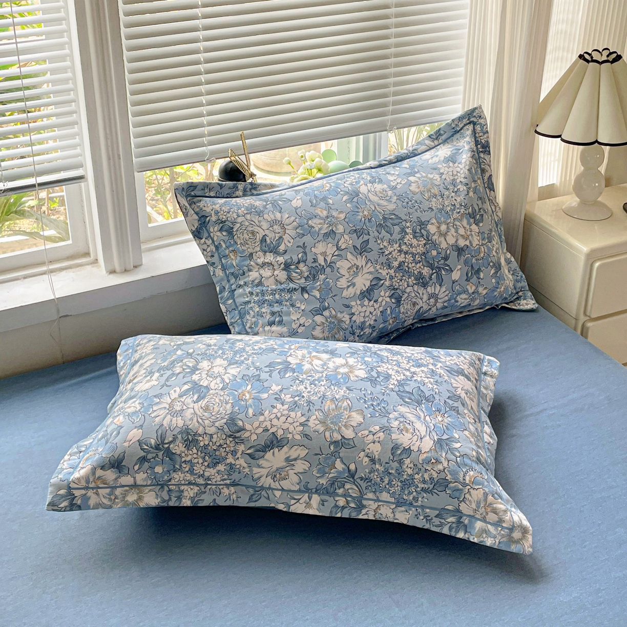 91家纺网 家纺一手货源 找家纺 纽缦家纺 2025新款全棉纯棉磨毛印花单品枕套 枕套单件 雅汐蓝