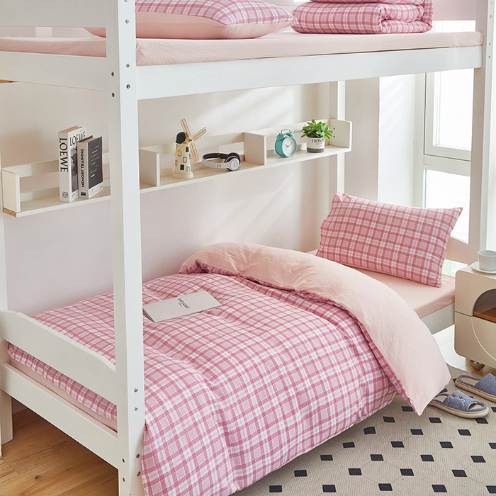 91家纺网 家纺一手货源 找家纺 恒科家纺 2025新款亲肤舒适小清新水洗棉四件套学生三件套-学生款宿舍三件套 蜜粉格