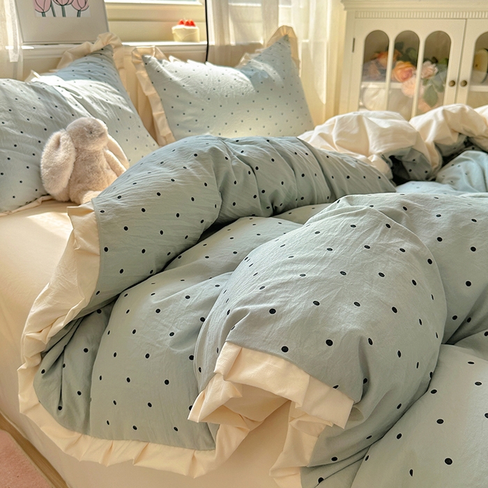 91家纺网 家纺一手货源 找家纺 冕悠家纺 2025新款少女心加厚超柔皱皱小花边水洗棉四件套（加微信提供买家秀 ） 公主-蓝点