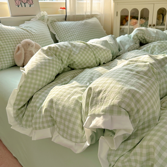 91家纺网 家纺一手货源 找家纺 冕悠家纺 2025新款少女心加厚超柔皱皱小花边水洗棉四件套（加微信提供买家秀 ） 公主-绿格