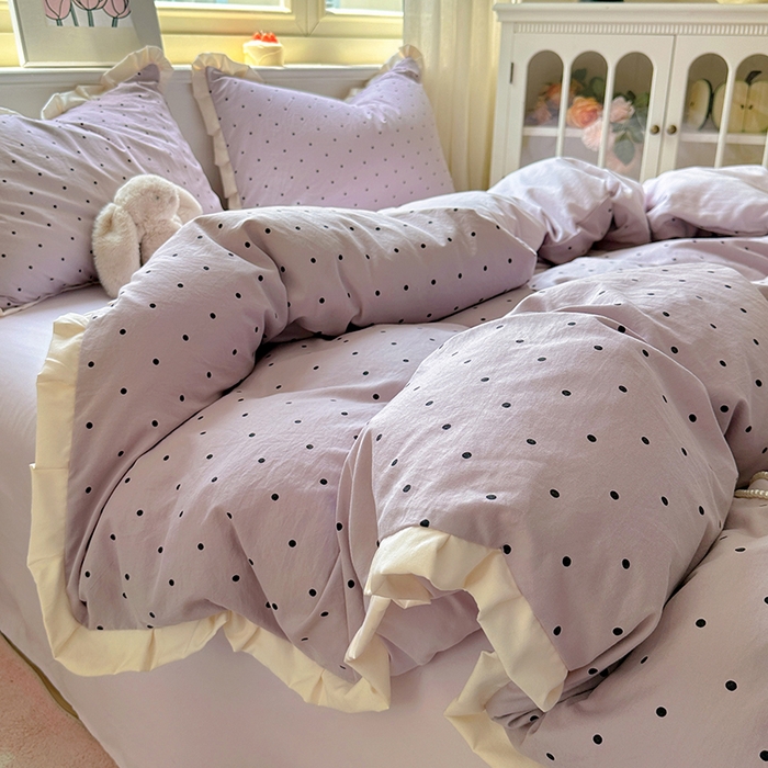 91家纺网 家纺一手货源 找家纺 冕悠家纺 2025新款少女心加厚超柔皱皱小花边水洗棉四件套（加微信提供买家秀 ） 公主-紫点