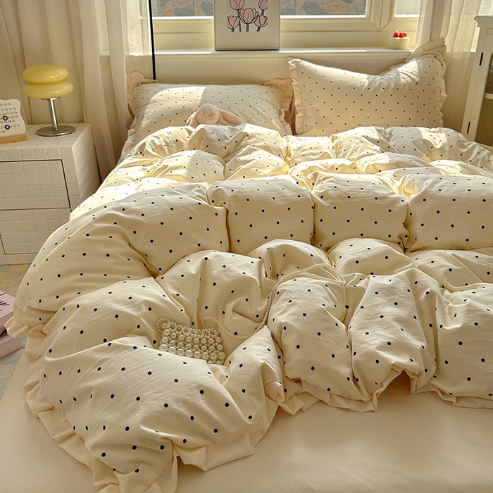 91家纺网 家纺一手货源 找家纺 冕悠家纺 2025新款少女心加厚超柔皱皱小花边水洗棉四件套（加微信提供买家秀 ） 公主-米点