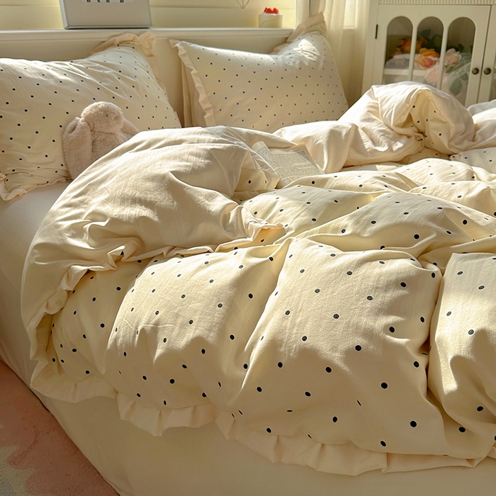 91家纺网 家纺一手货源 找家纺 冕悠家纺 2025新款少女心加厚超柔皱皱小花边水洗棉四件套（加微信提供买家秀 ） 公主-米点