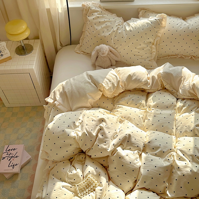 91家纺网 家纺一手货源 找家纺 冕悠家纺 2025新款少女心加厚超柔皱皱小花边水洗棉四件套（加微信提供买家秀 ） 公主-米点