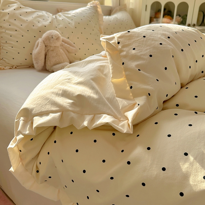 91家纺网 家纺一手货源 找家纺 冕悠家纺 2025新款少女心加厚超柔皱皱小花边水洗棉四件套（加微信提供买家秀 ） 公主-米点